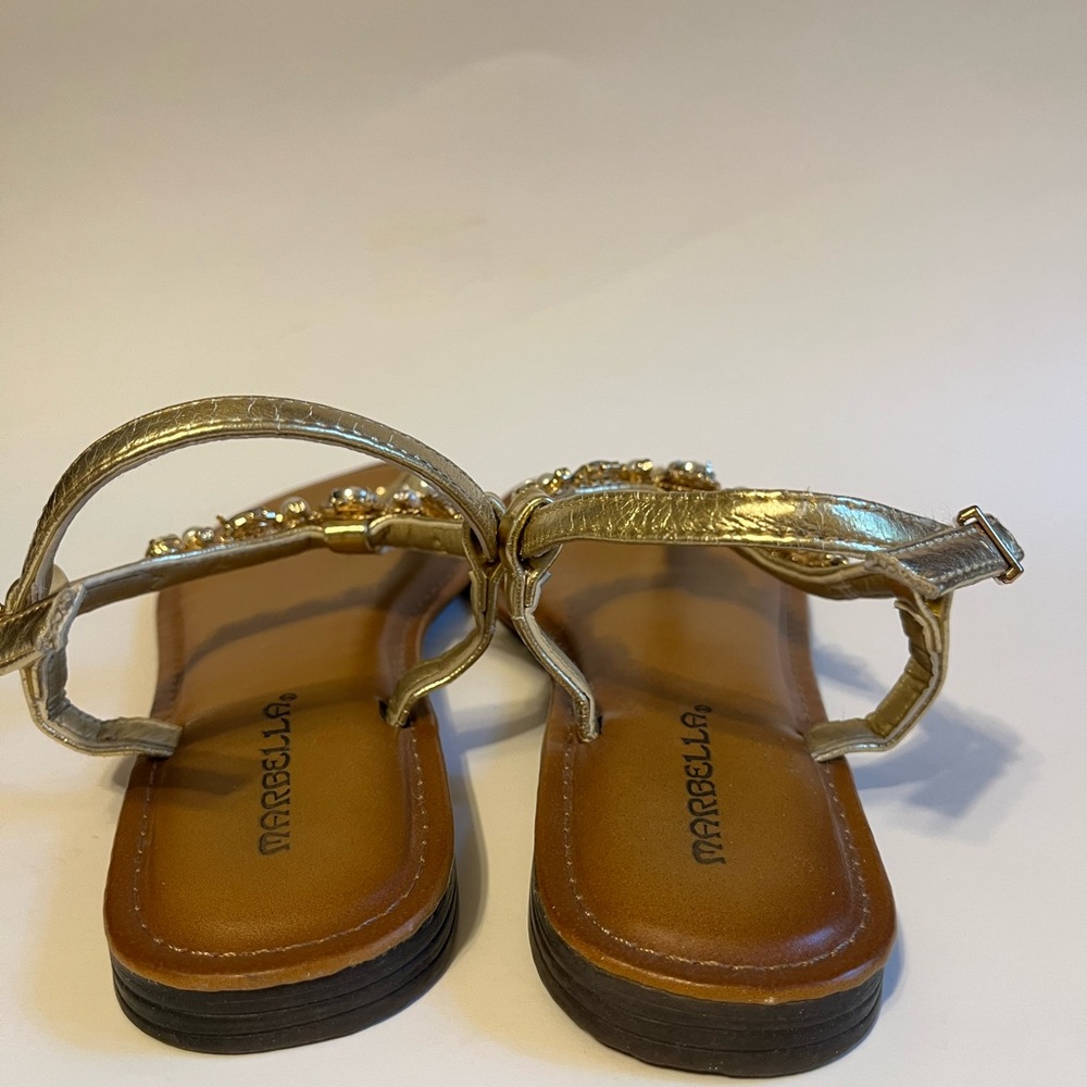 Sz 9 City Lights Bling Sandals Gold Metallic Rhinestone & Pearl Thong - Picture 9 of 13